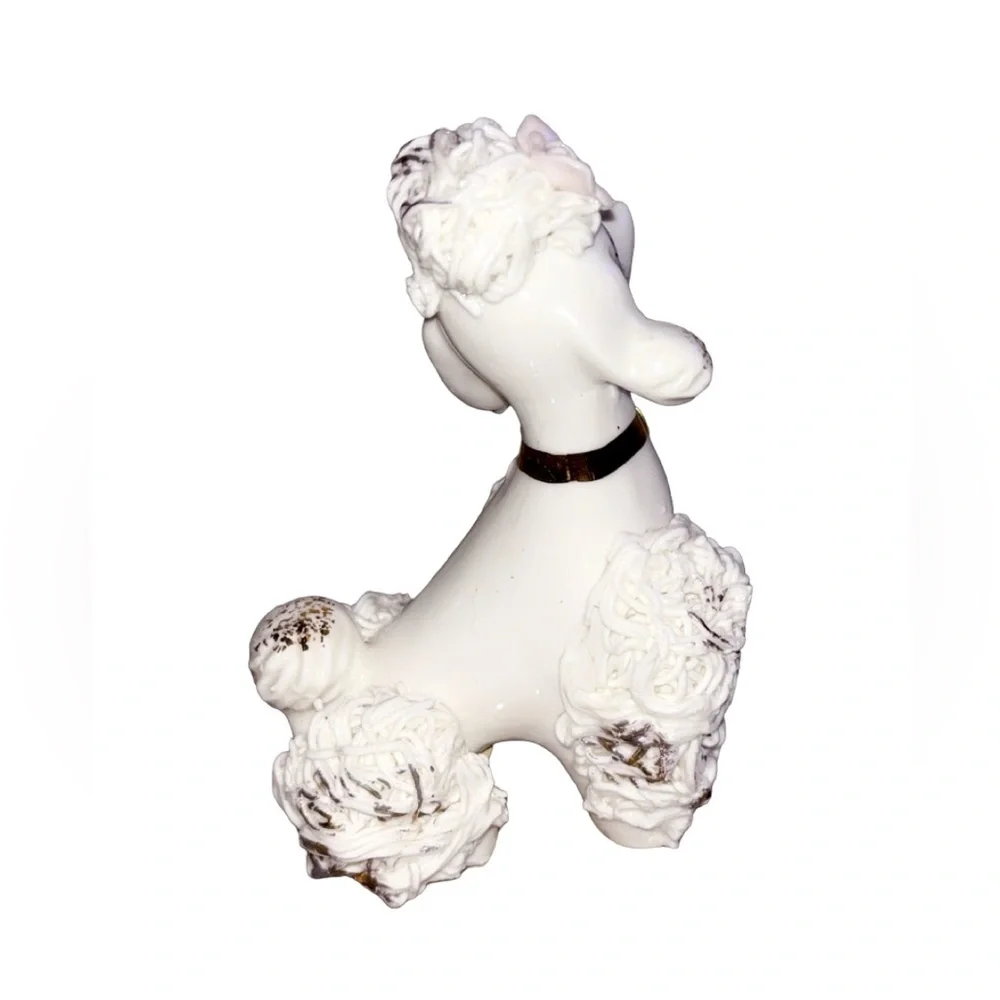 Vintage 50's White Spaghetti Poodle Dog Figurine Gold Trim Pink Rose 5”H - Picture 2 of 4
